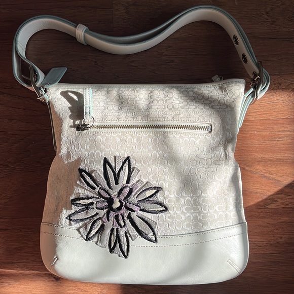 COACH Signature White Crossbody Shoulder Bag w/ Embroidered Floral & Bee Design - Picture 2 of 13